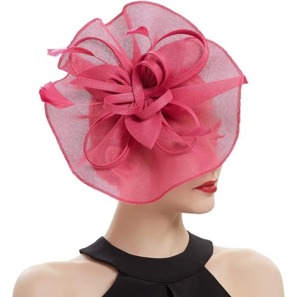 ✨ Poememgi Feather Headwear Women Pink Fascinator Top Flower Church Cocktail Hat - Picture 2 of 7